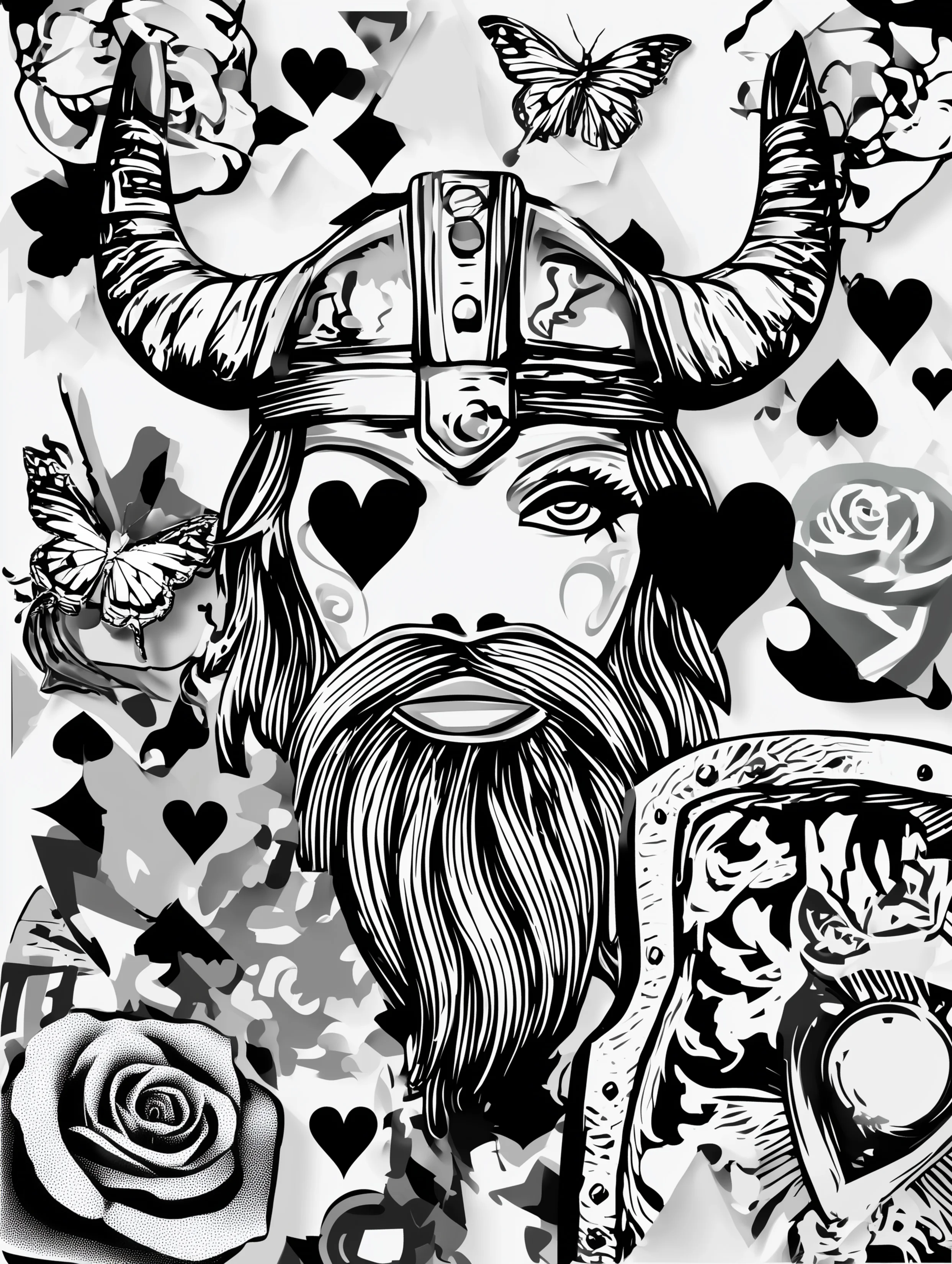 Free printable viking coloring page for adults featuring a viking with an eyepatch and heart detail